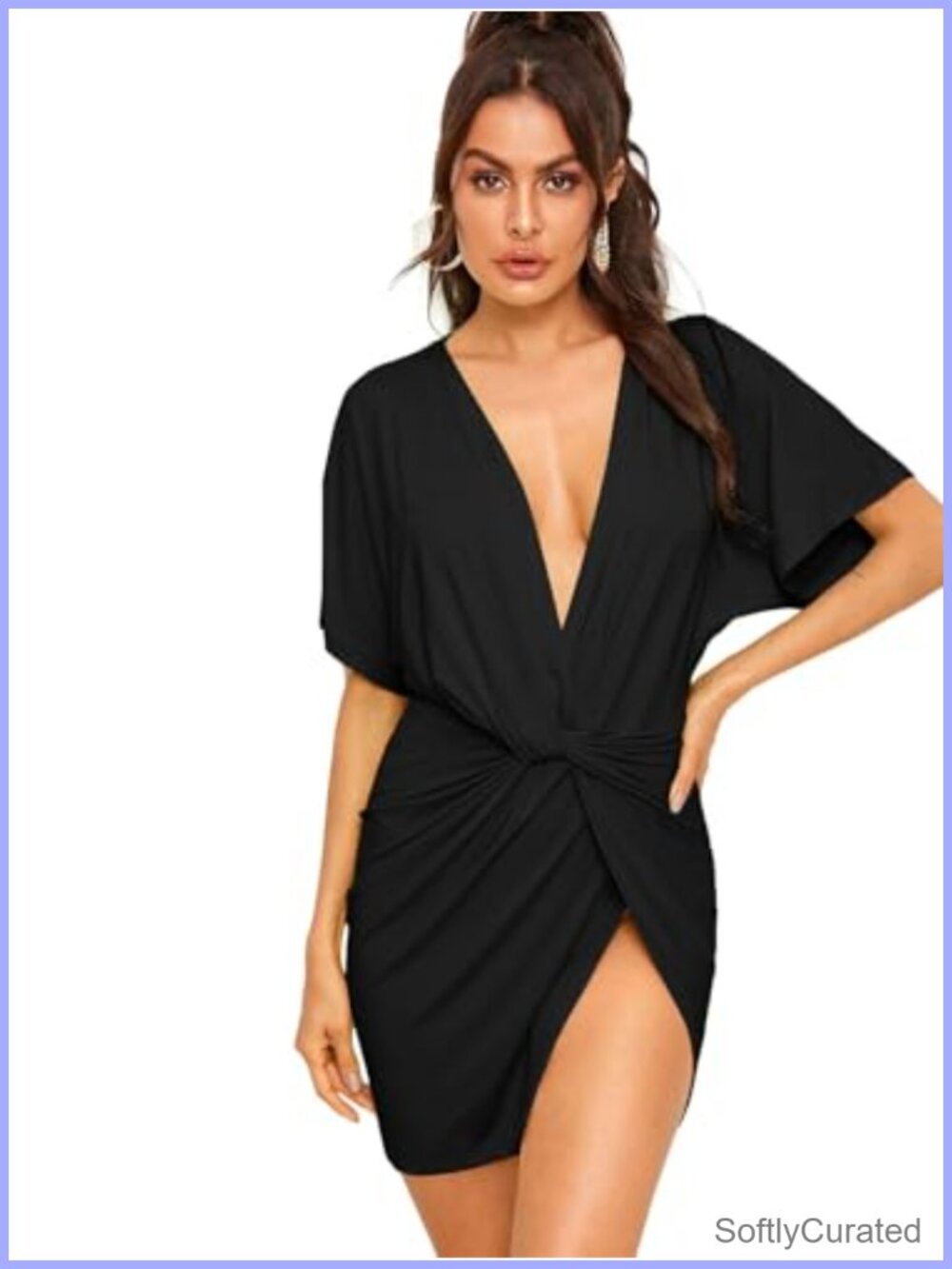 Women Twisted Deep V Neck High Slit Mini Party Dress Short Sleeve